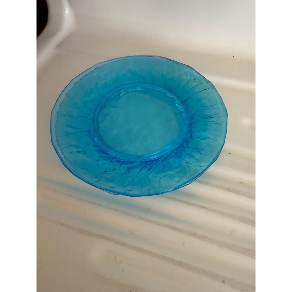 2 Vintage Aqua Blue Textured Glass Salad Dessert Plate Bark Pattern 8.25 Inch - Picture 5 of 6